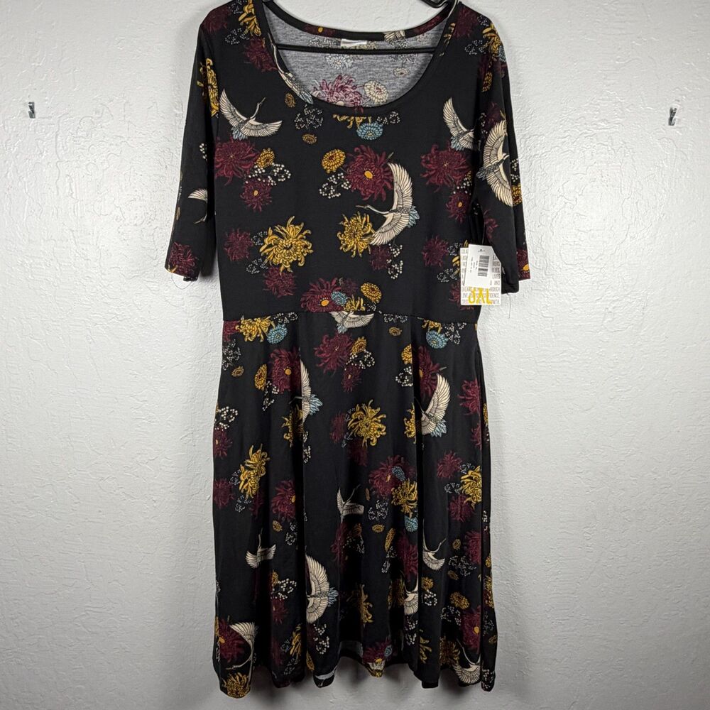 LuLaRoe Women’s 3XL Nicole Dress Black Floral Crane Print Fit Flare NWT Fall